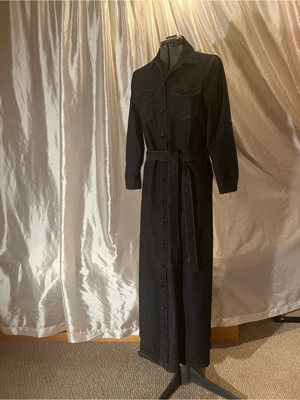 Thrill dark wash denim Maxi duster/dress/coat with detachable belt stretch sz. S
